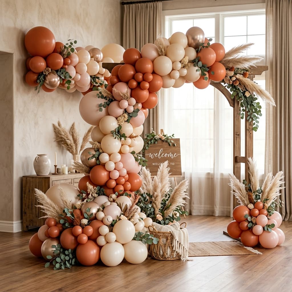 Spectacular organic balloon garland in terracotta and blush tones